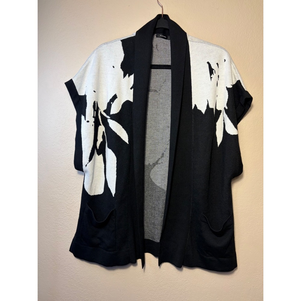 Natori Black White Floral Intarsia Knit Open Front Cardigan Vest Pockets Large
